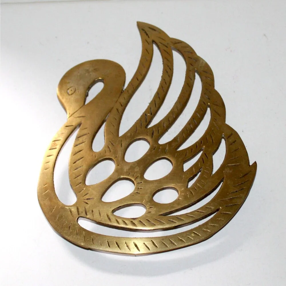 Vintage Brass Swan Trivet 9” footed MCM Kitchen Home Decor